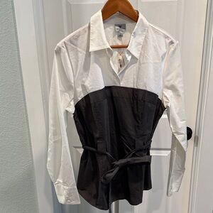 Worthington Stretch Dark Gray and White Tie-Waist Blouse Size L
